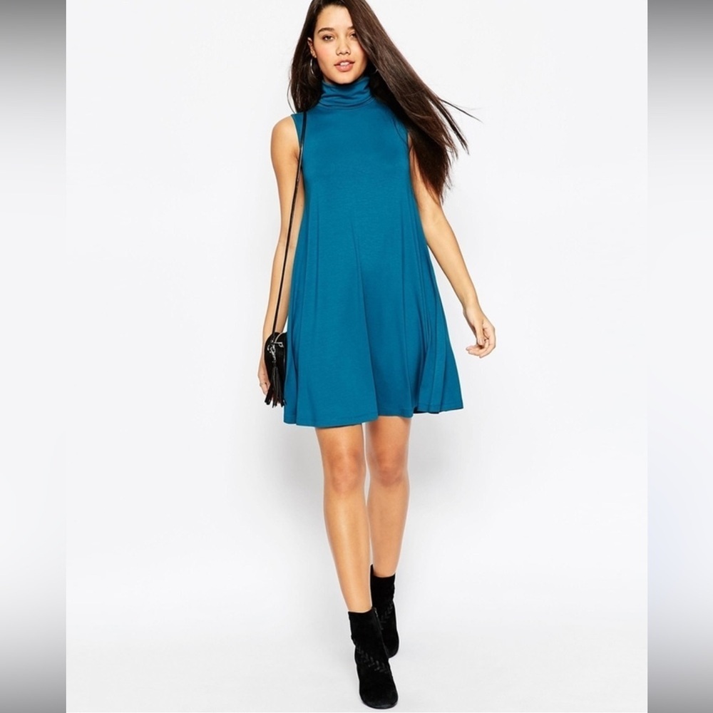 S-Twelve Sleeveless Swing Dress With Turtleneck Teal Sz Small